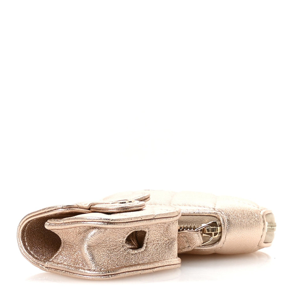 Metallic Lambskin Quilted Round Clip On Coin Purse Airpods Case Gold