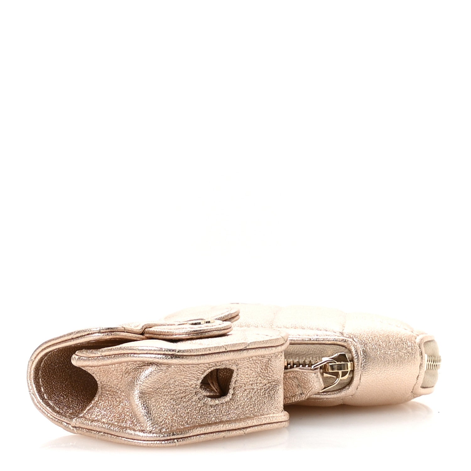 Metallic Lambskin Quilted Round Clip On Coin Purse Airpods Case Gold