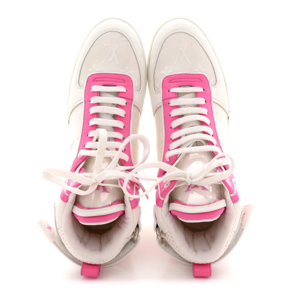 Louis Vuitton Calfskin Nylon Mesh Monogram Womens Boombox High Top Sneakers 39 White Pink