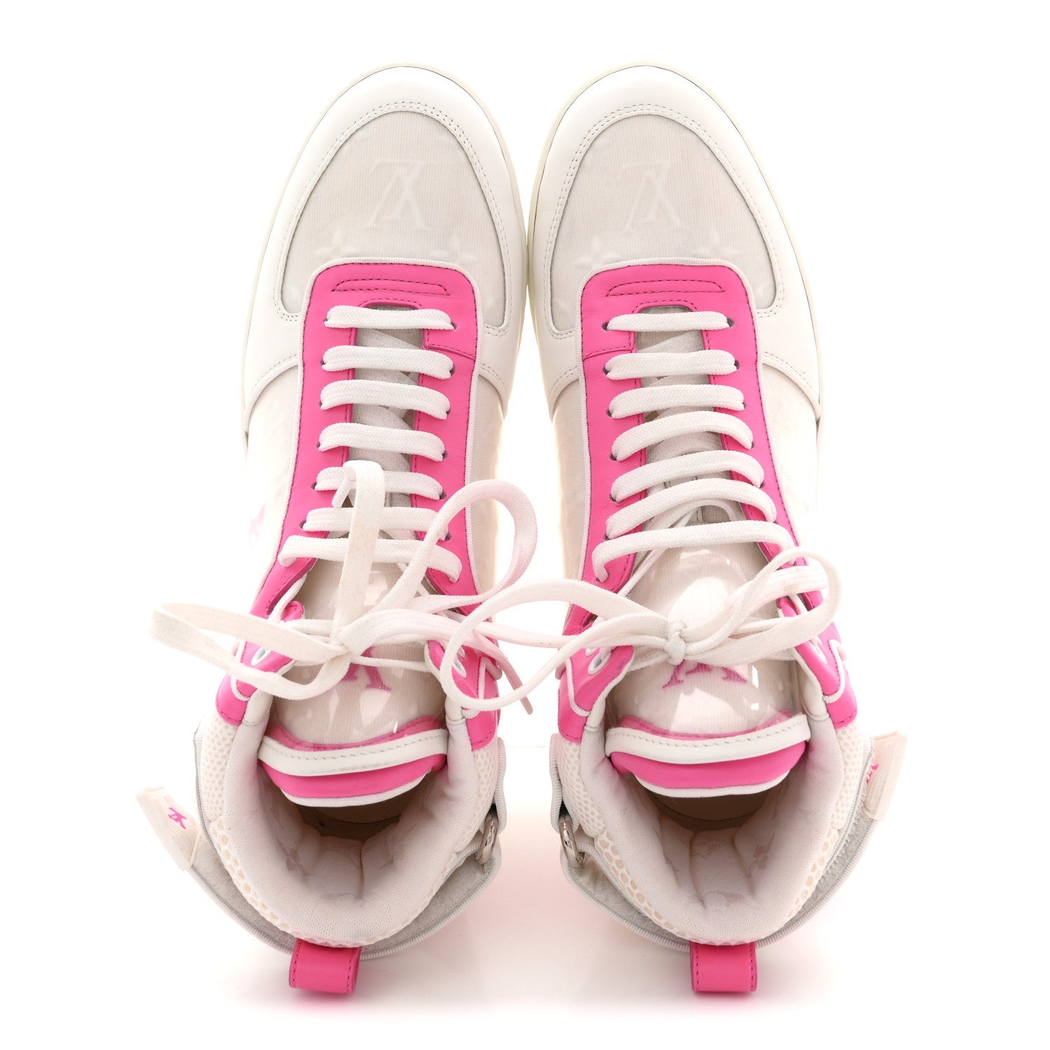 Louis Vuitton Calfskin Nylon Mesh Monogram Womens Boombox High Top Sneakers 39 White Pink