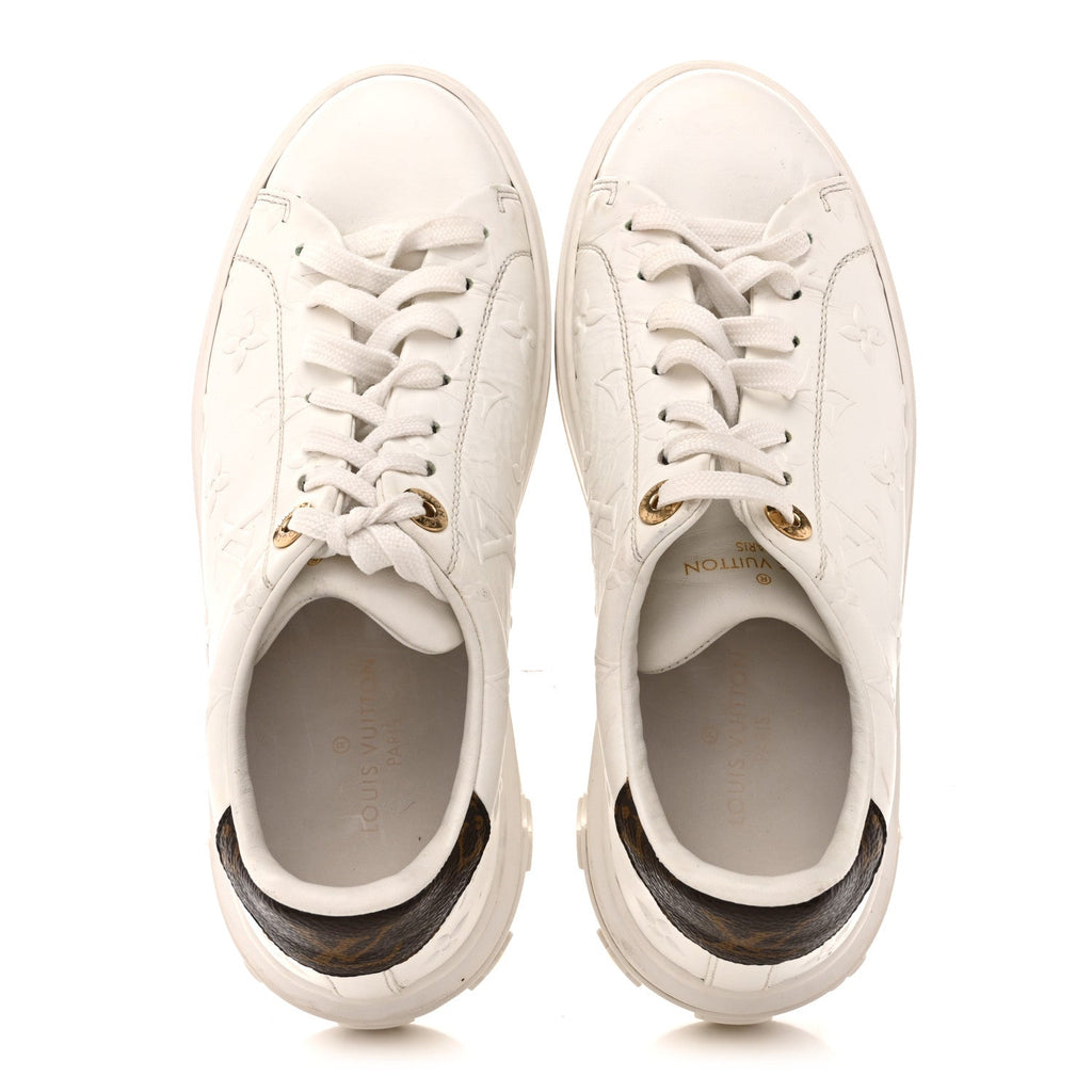 Louis Vuitton Lambskin Embossed Monogram Time Out Sneakers 35  White