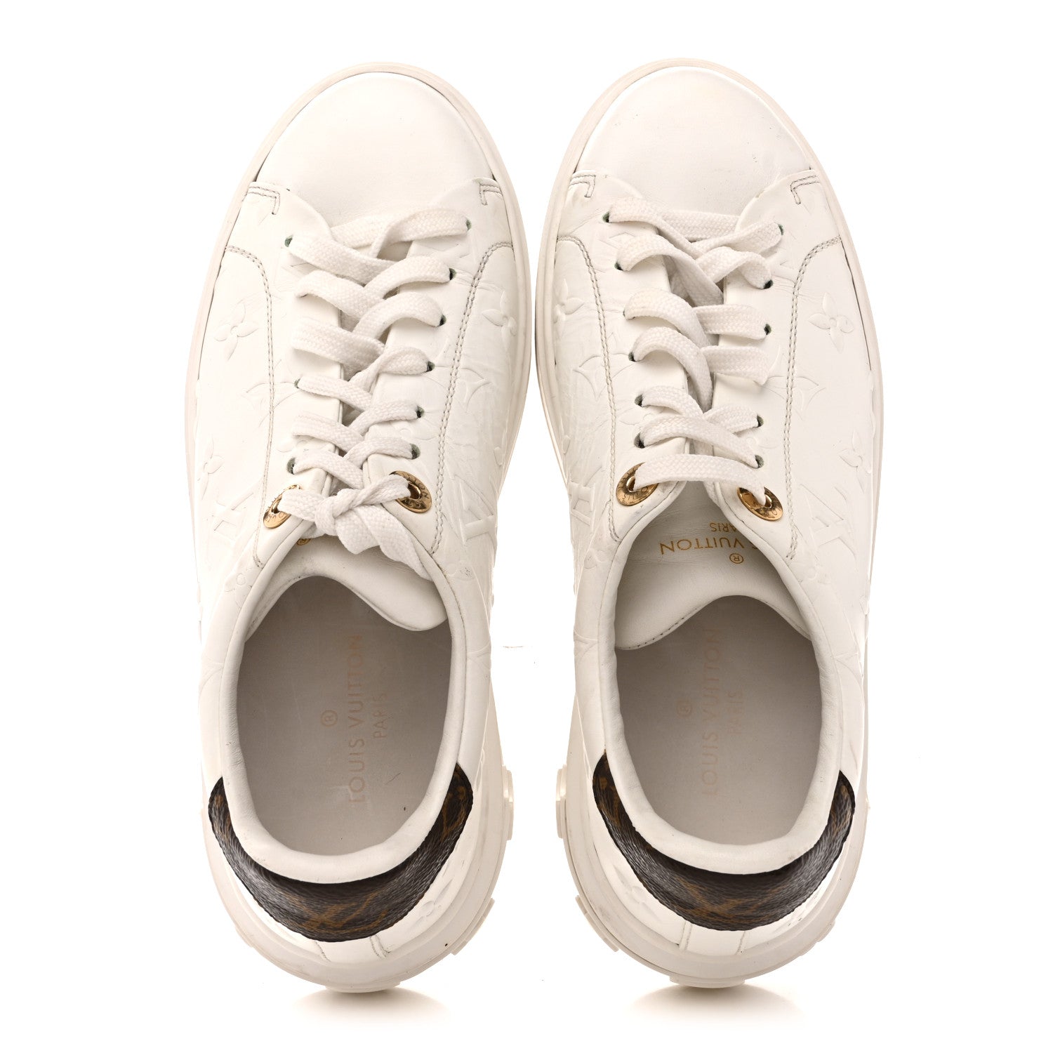 Louis Vuitton Lambskin Embossed Monogram Time Out Sneakers 35  White