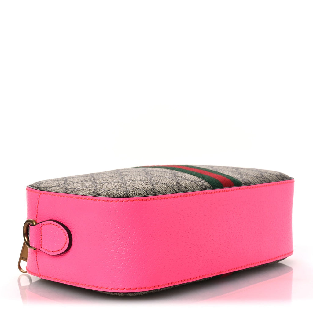 Gucci GG Supreme Monogram Textured Dollar Calfskin Web Ophidia Small Crossbody Bag Beige Ebony Fuchsia