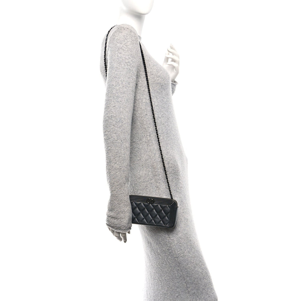 Chanel Lambskin Quilted Small Boy Clutch With Chain So Black