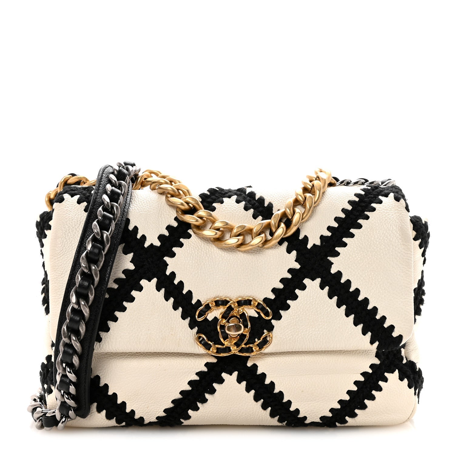 Chanel Calfskin Crochet Medium Chanel 19 Flap White Black