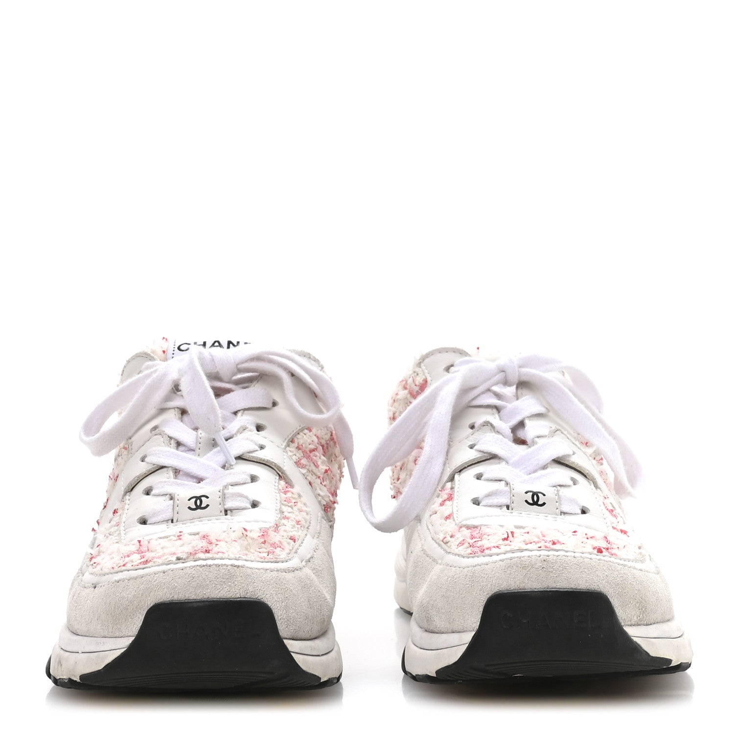 Chanel Tweed Suede Calfskin Womens CC Sneakers 39.5 Ecru Pink Red White