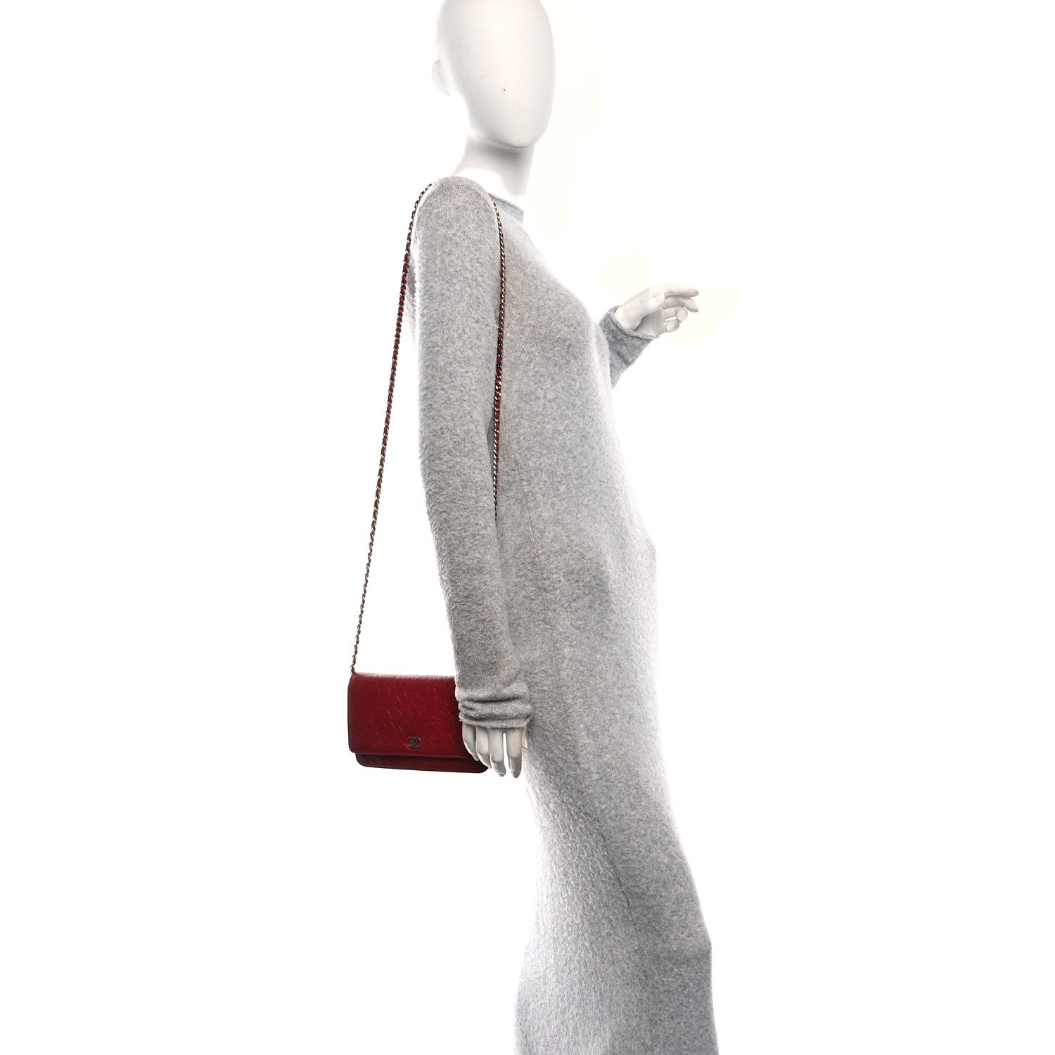Chanel Lambskin Camellia Embossed Wallet on Chain WOC Red