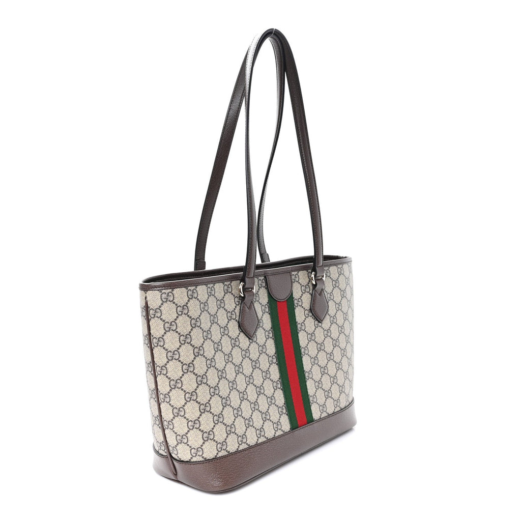 Gucci GG Supreme Monogram Textured Calfskin Web Small Ophidia Shoulder Tote Bag Beige Ebony New Acero