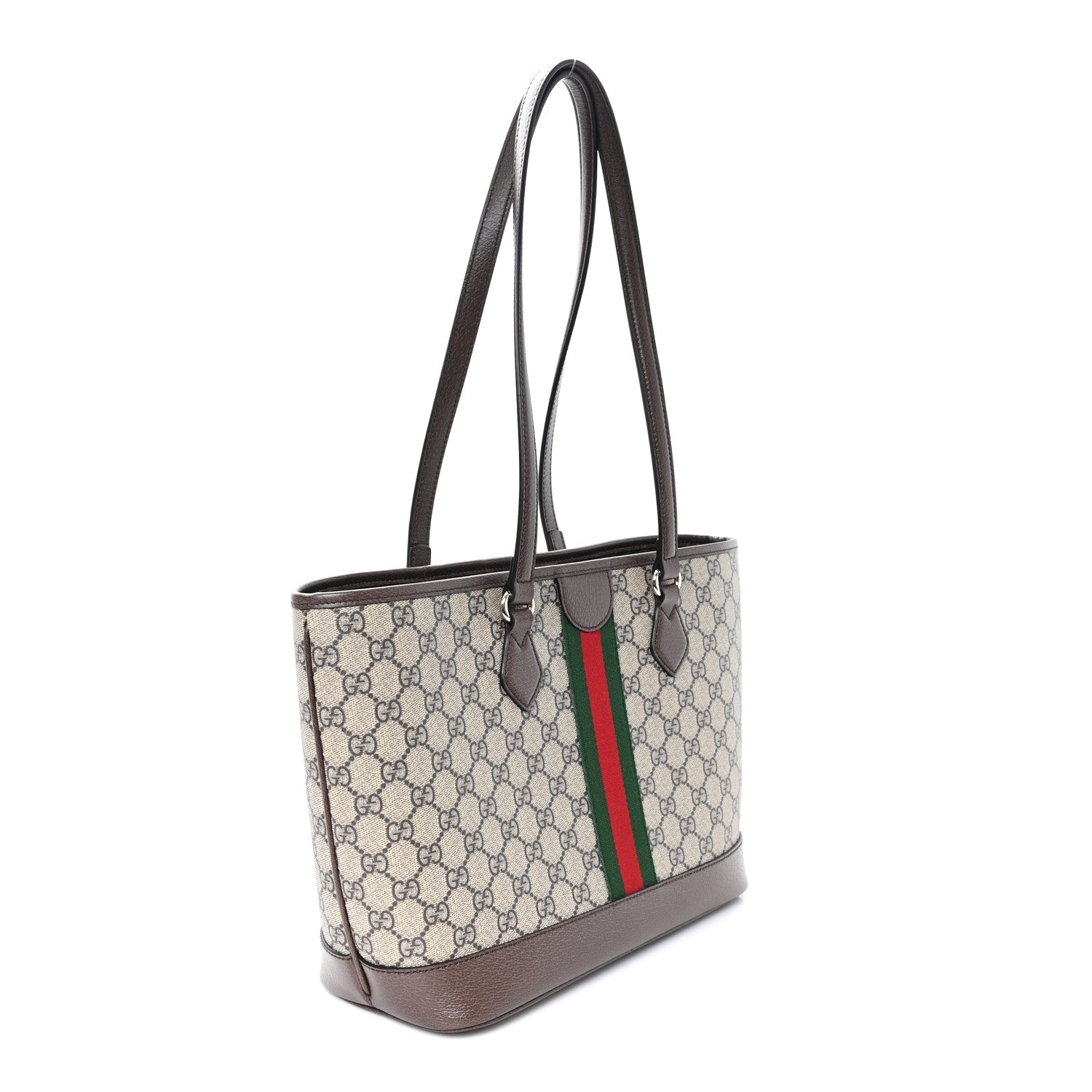 Gucci GG Supreme Monogram Textured Calfskin Web Small Ophidia Shoulder Tote Bag Beige Ebony New Acero