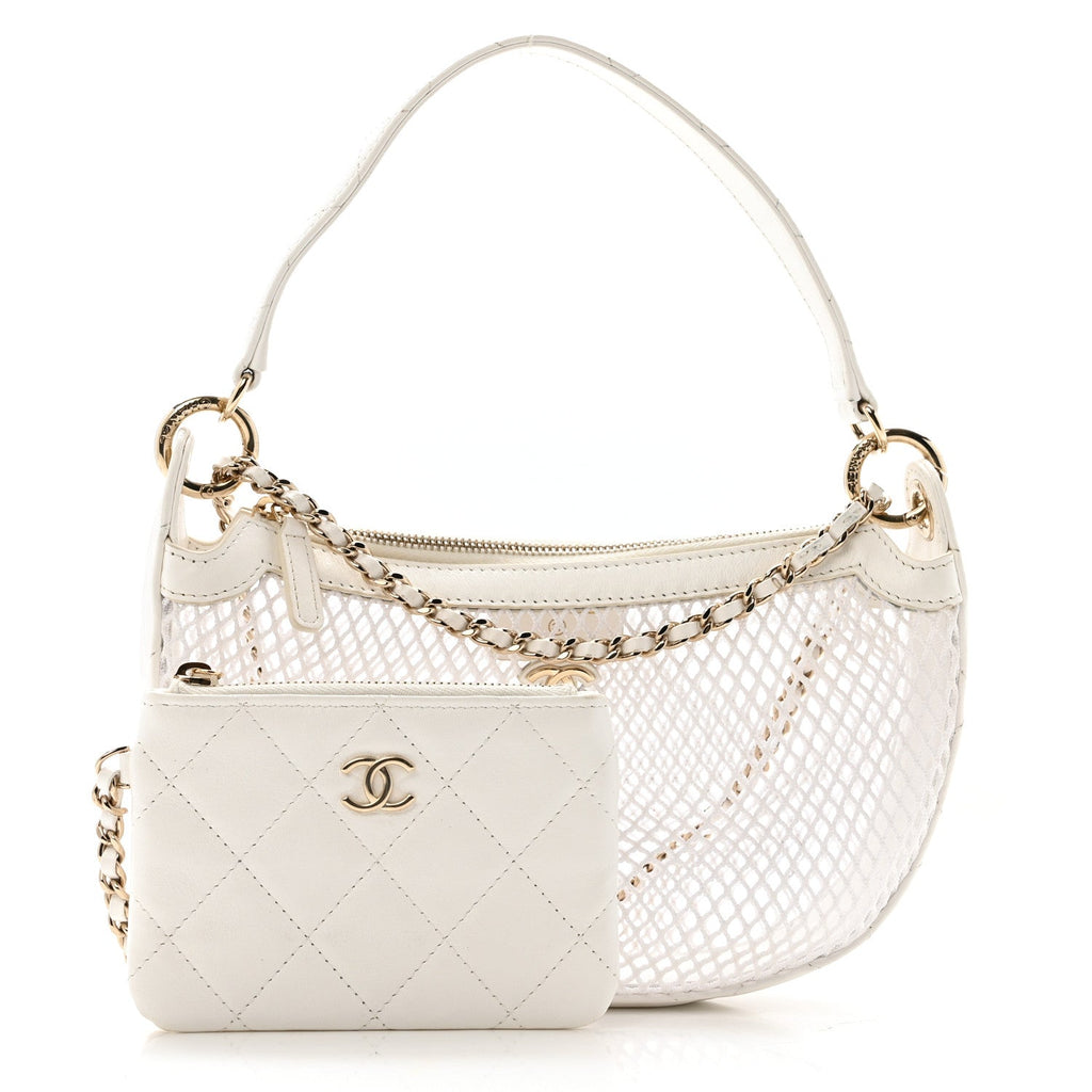 Chanel Mesh Shiny Lambskin Chain Hobo White