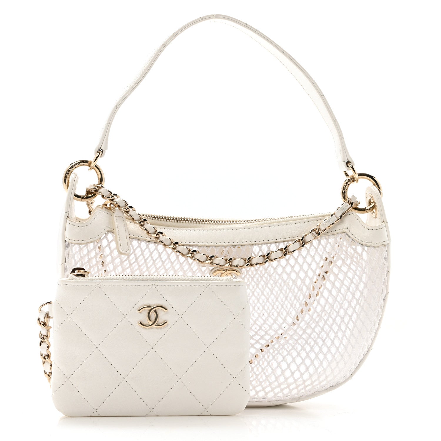 Chanel Mesh Shiny Lambskin Chain Hobo White