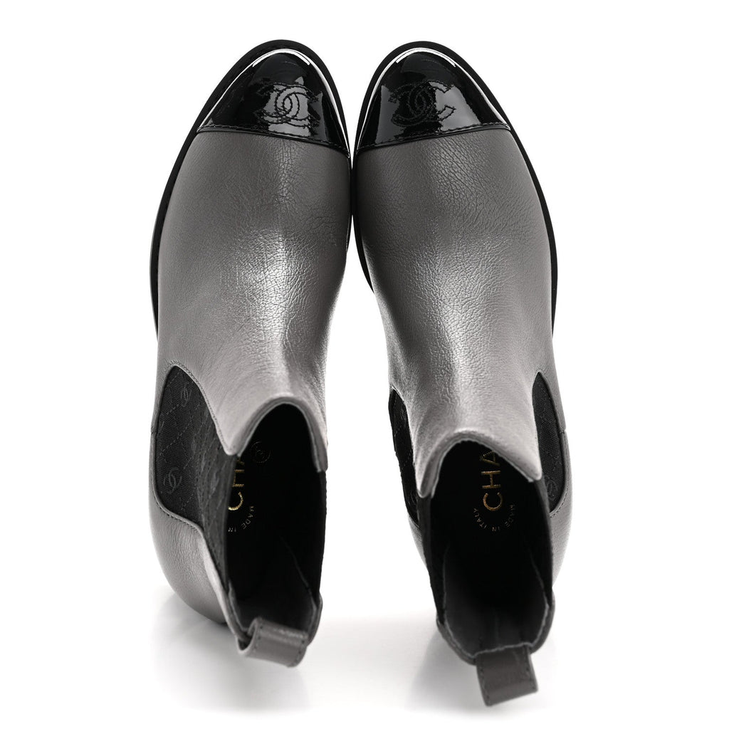 Calfskin Patent Cap Toe CC Short Boots 39 Grey Black