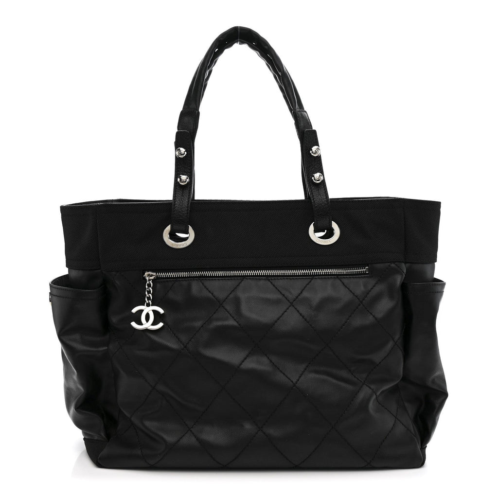 Chanel Coated Canvas Quilted Large Paris Biarritz Tote Black