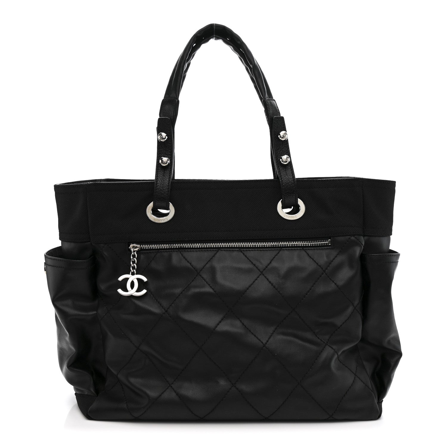 Chanel Coated Canvas Quilted Large Paris Biarritz Tote Black