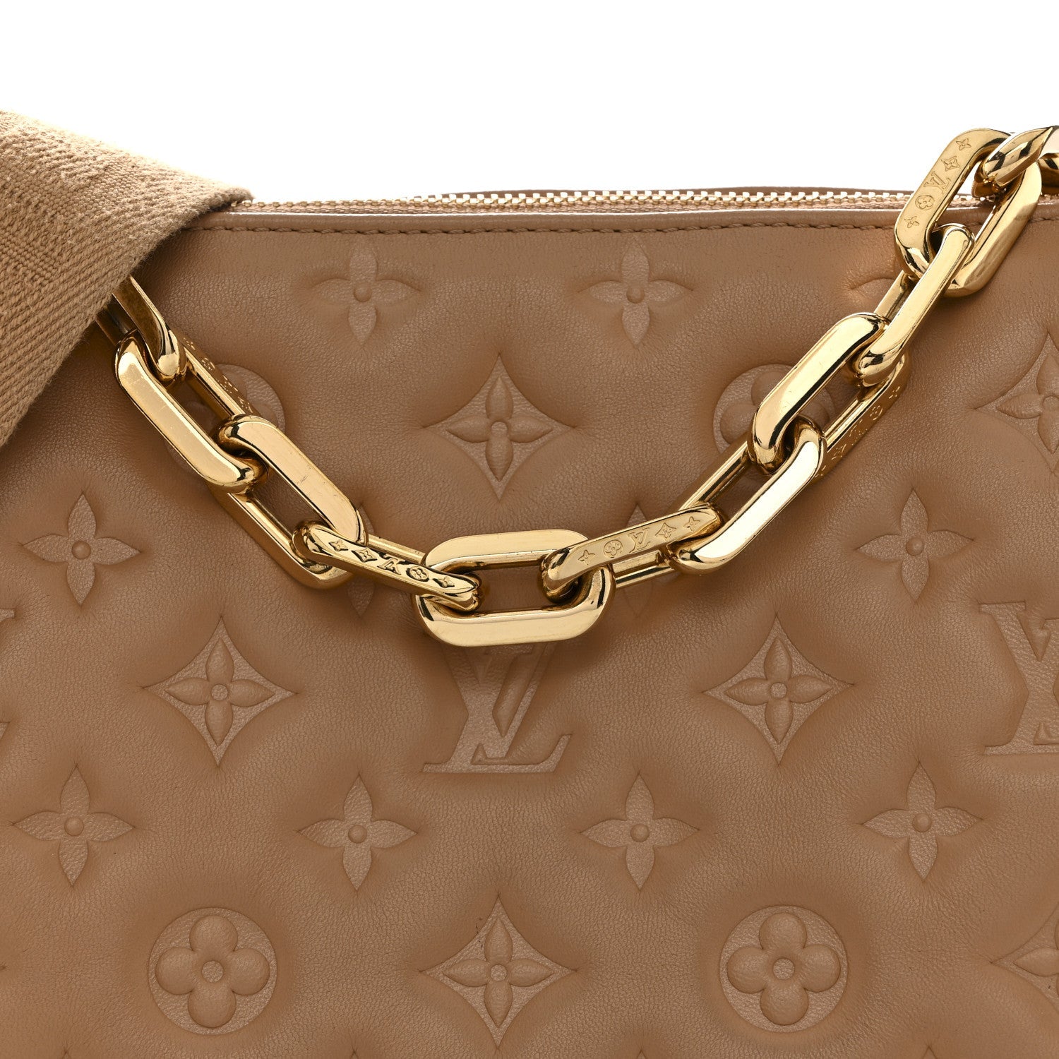 Louis Vuitton Lambskin Embossed Monogram Coussin PM Camel
