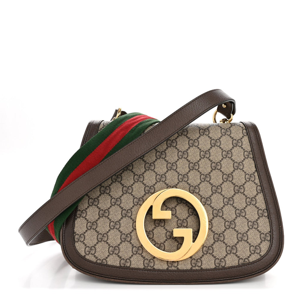 Gucci GG Supreme Monogram Textured Dollar Calfskin Web Medium Blondie Shoulder Flap Bag Beige Ebony New Acero