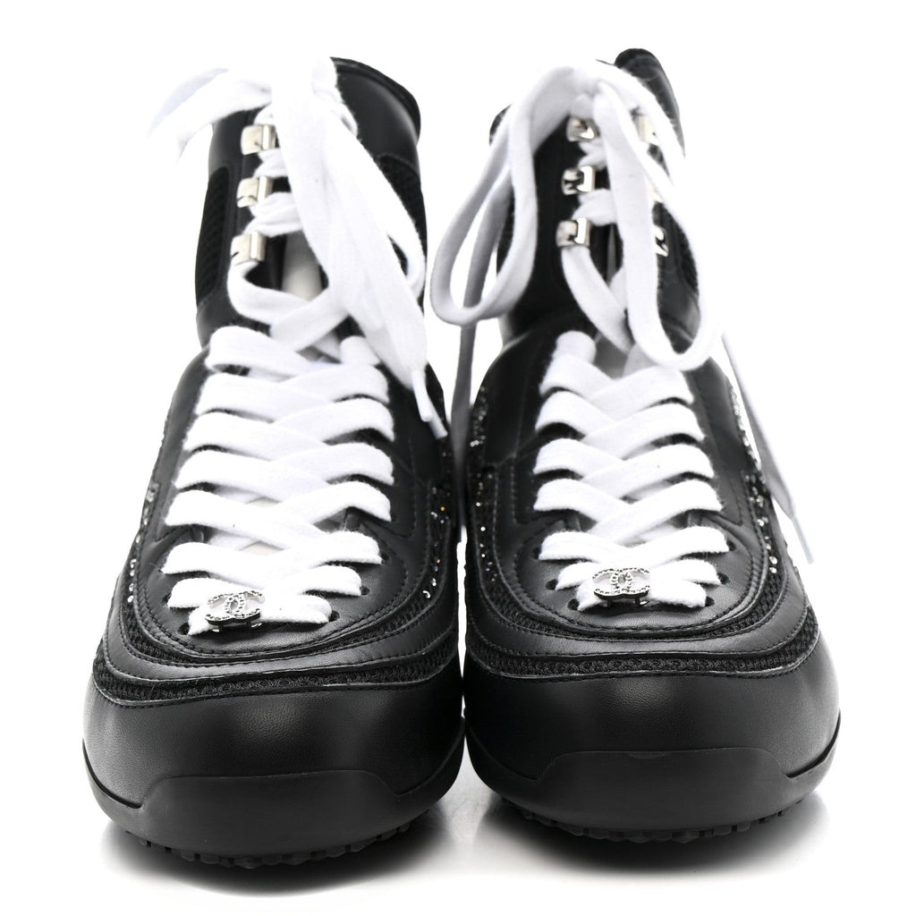 Calfskin Mesh Strass Womens CC Sneakers 37 Black Silver