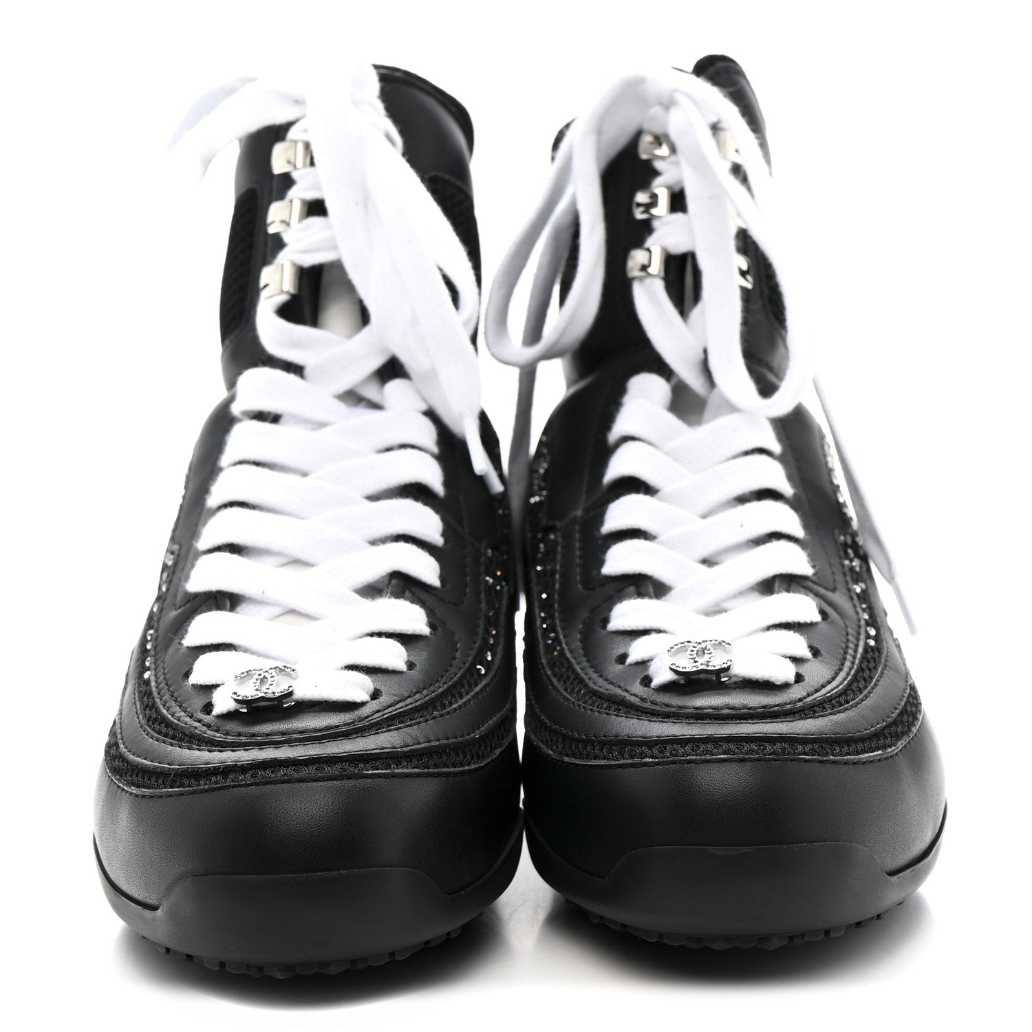 Calfskin Mesh Strass Womens CC Sneakers 37 Black Silver