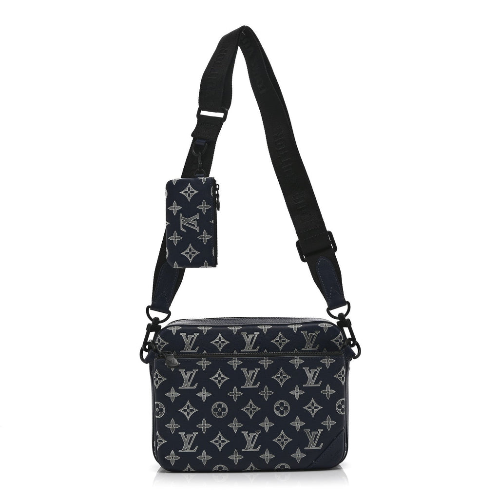 Louis Vuitton Calfskin Monogram Shadow Trio Messenger Navy White
