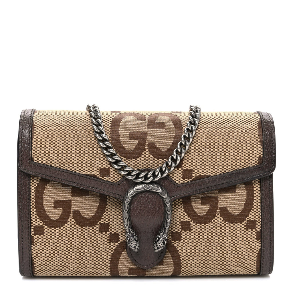 Gucci Monogram Jumbo GG Textured Dollar Calfskin Mini Dionysus Chain Wallet Camel Ebony New Acero