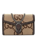 Gucci Monogram Jumbo GG Textured Dollar Calfskin Mini Dionysus Chain Wallet Camel Ebony New Acero