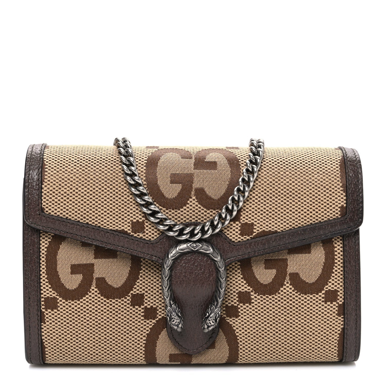 Gucci Monogram Jumbo GG Textured Dollar Calfskin Mini Dionysus Chain Wallet Camel Ebony New Acero