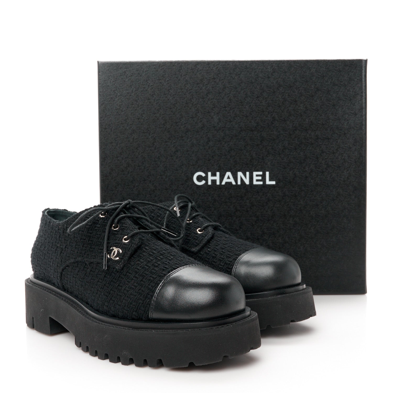 Chanel Wool Tweed Calfskin Lace-Up Loafers 38.5 Black