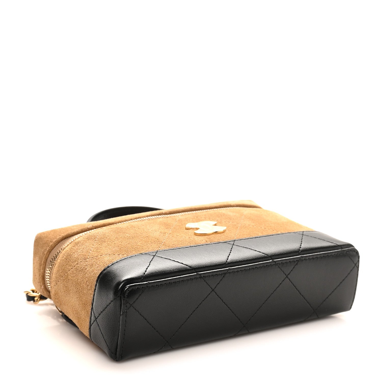 Chanel Suede Calfskin Shiny Lambskin Stitched Top Handle Slim Vanity Case With Chain Beige Black