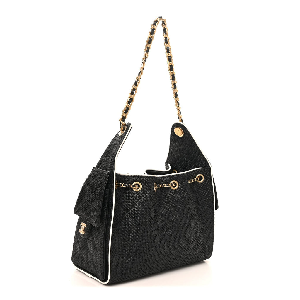 Chanel Braided Raffia Calfskin Quilted Small Chanel 25 Handbag Black White