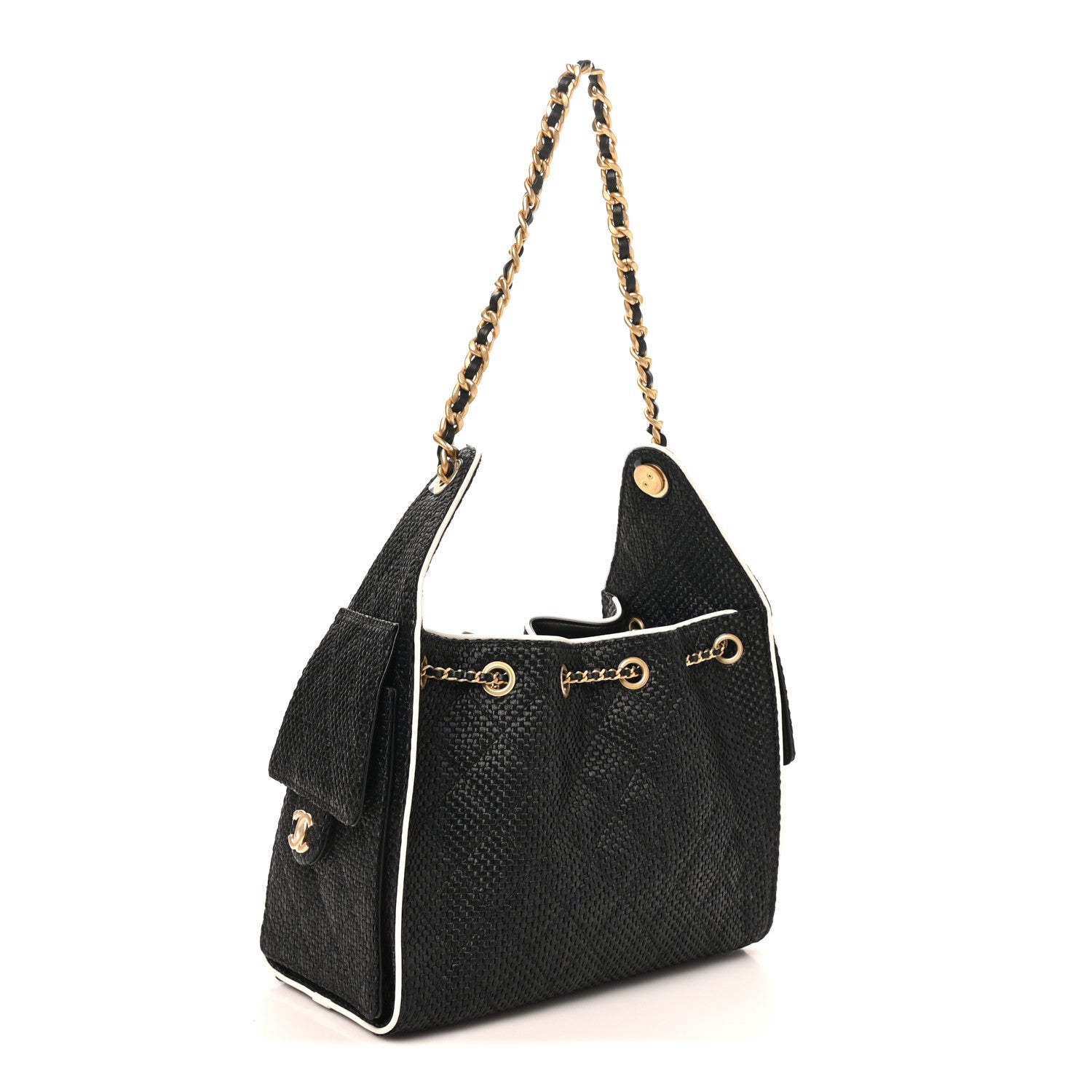 Chanel Braided Raffia Calfskin Quilted Small Chanel 25 Handbag Black White