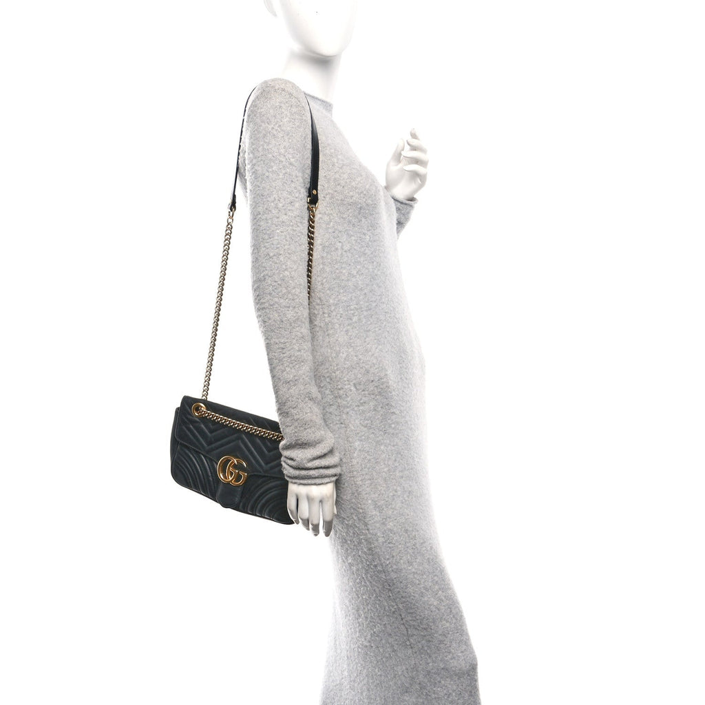 Gucci Calfskin Matelasse Small GG Marmont Shoulder Bag Black