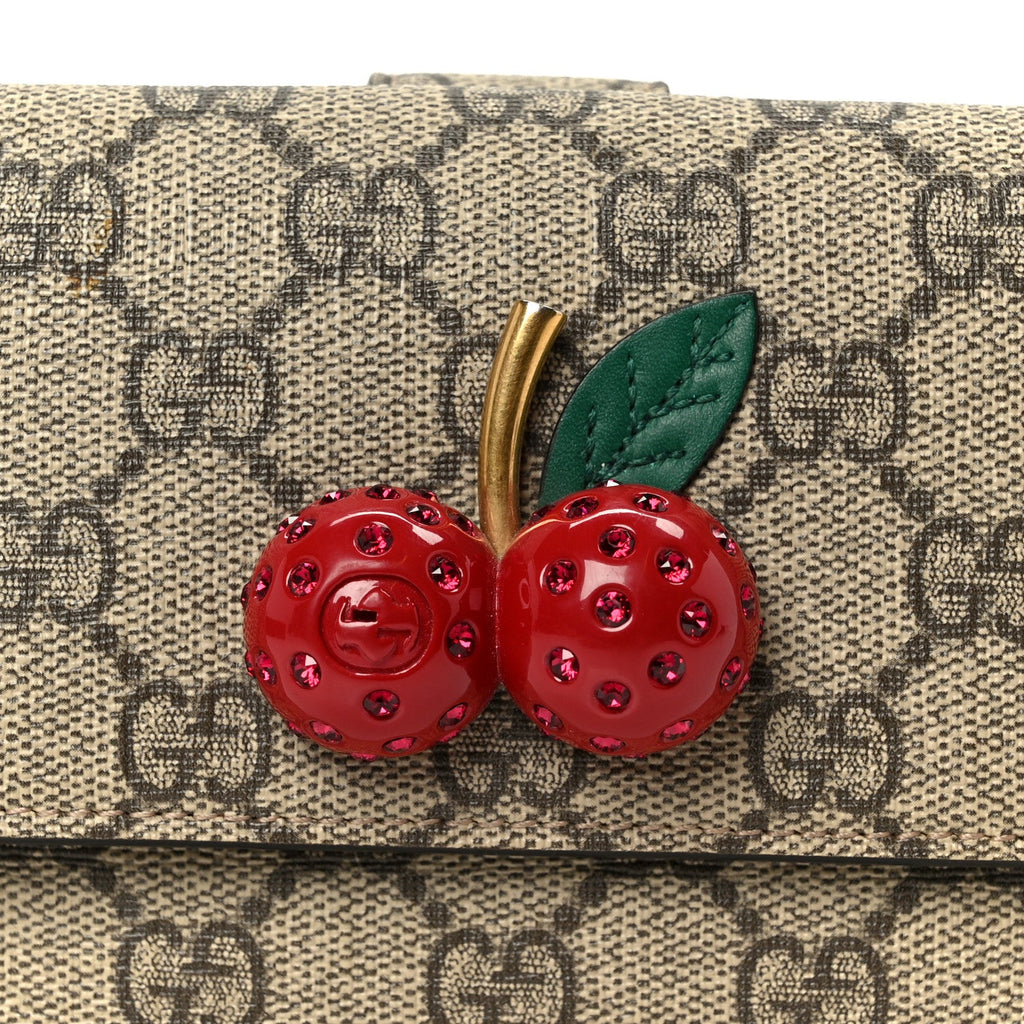 Gucci GG Supreme Monogram Cherry Embellished Card Case Wallet Hibiscus Red