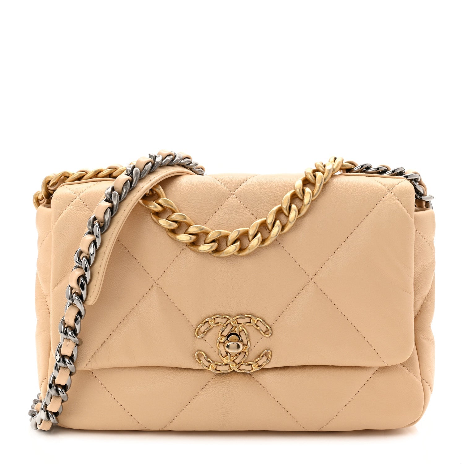 Chanel Shiny Goatskin Quilted Medium Chanel 19 Flap Beige