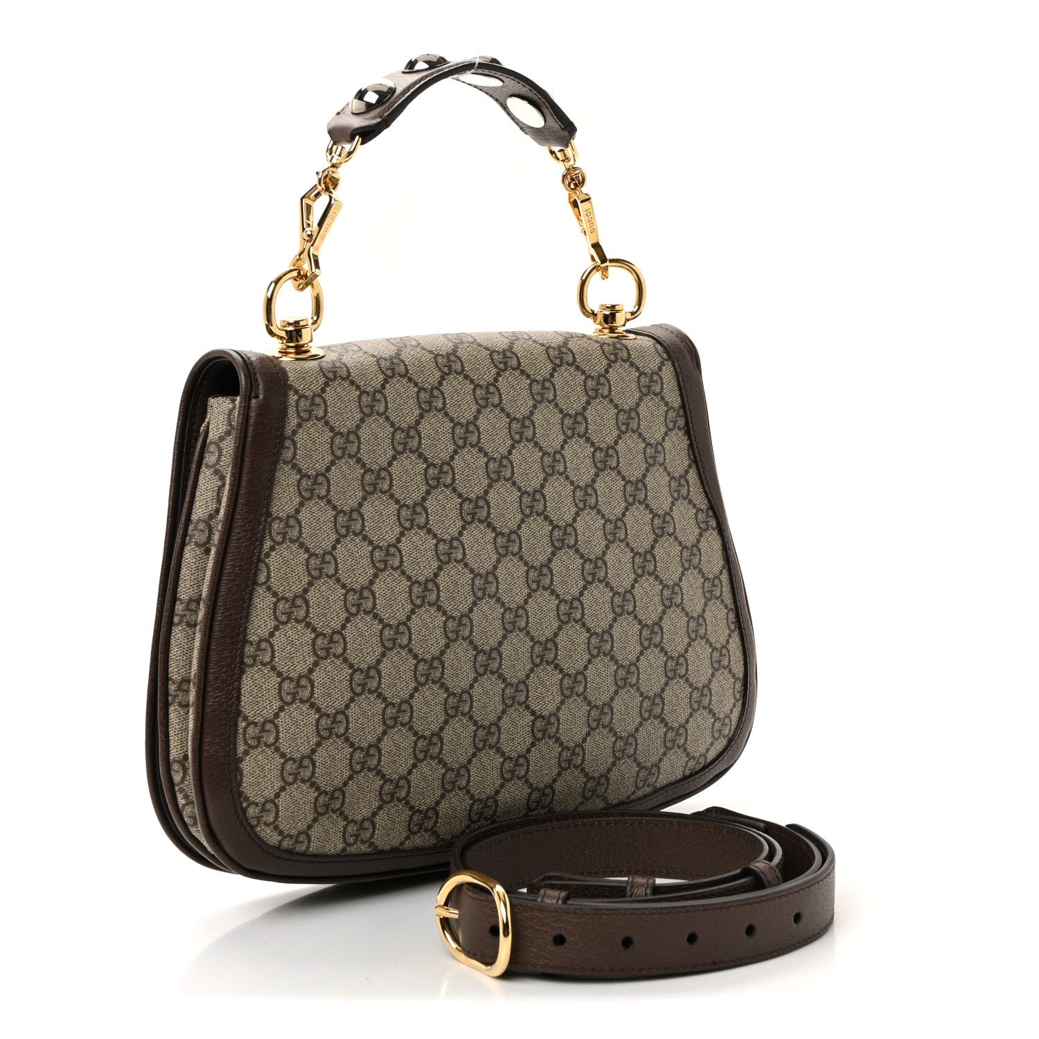 Gucci GG Supreme Monogram Textured Dollar Calfskin Web Medium Blondie Top Handle Shoulder Flap Bag Beige Ebony New Acero