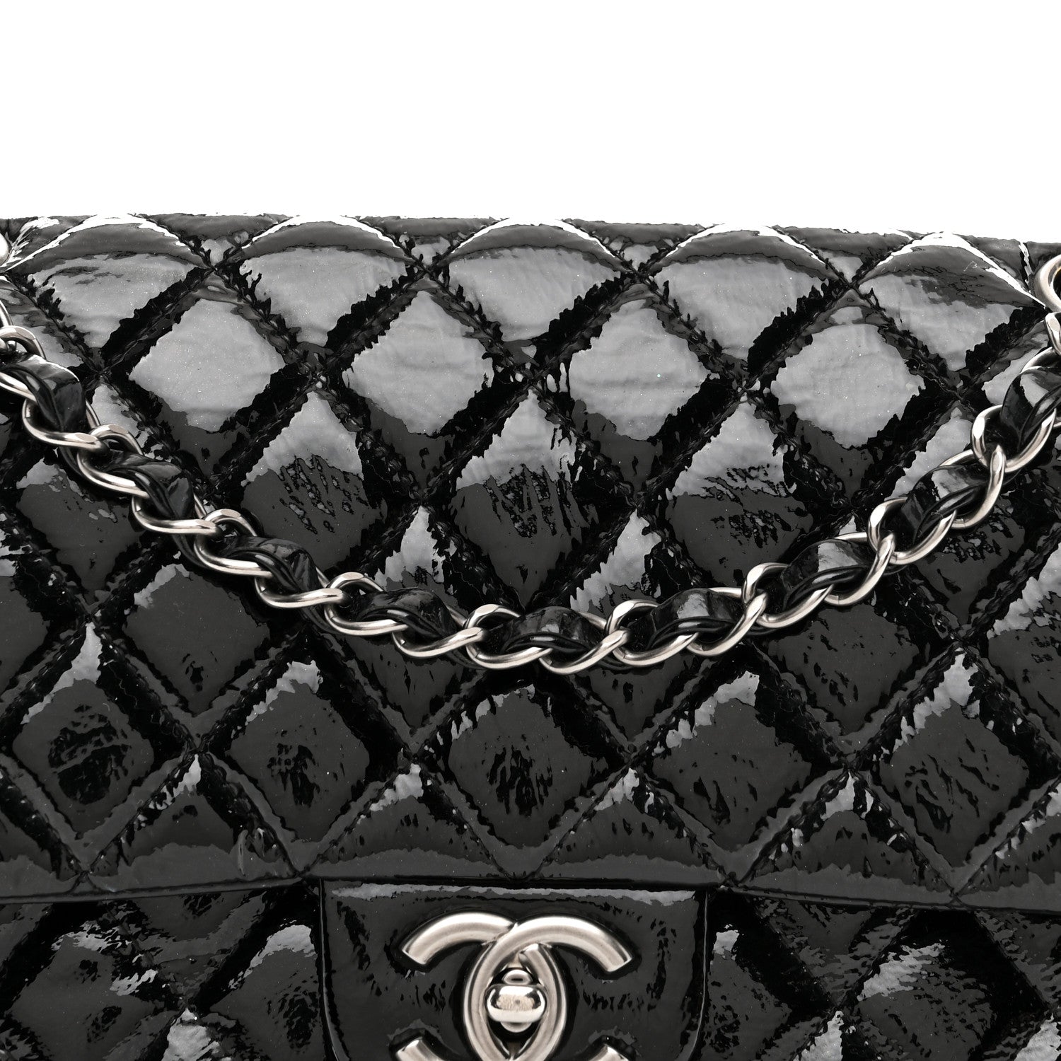 Chanel Distressed Patent Quilted Medium Double Flap Black