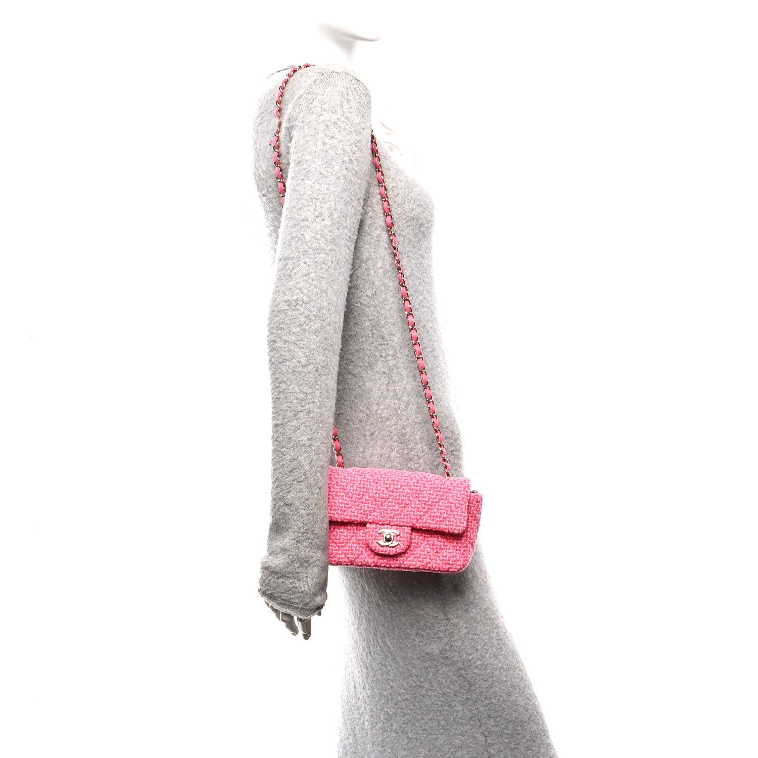 Chanel Wool Tweed Quilted Mini Rectangular Flap Dark Pink Fuchsia