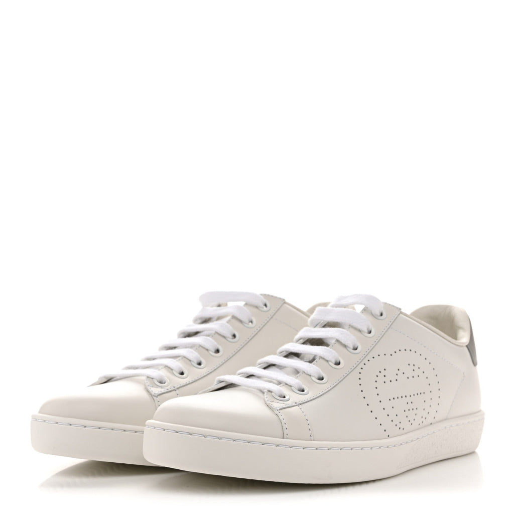 Gucci Calfskin Interlocking G Perforated Womens Ace Sneakers 37.5 White Grey Sky