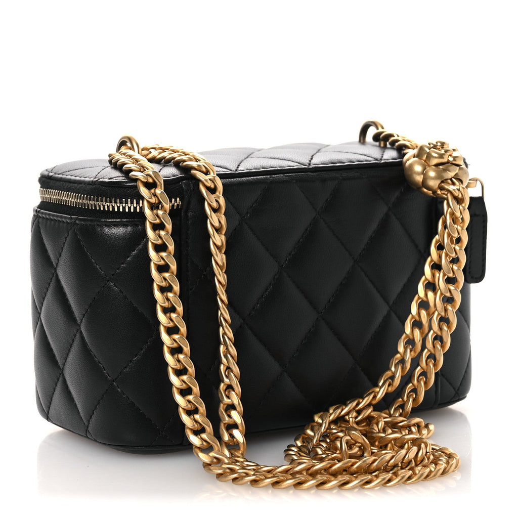 Chanel Lambskin Quilted Camellia Vanity Case Black