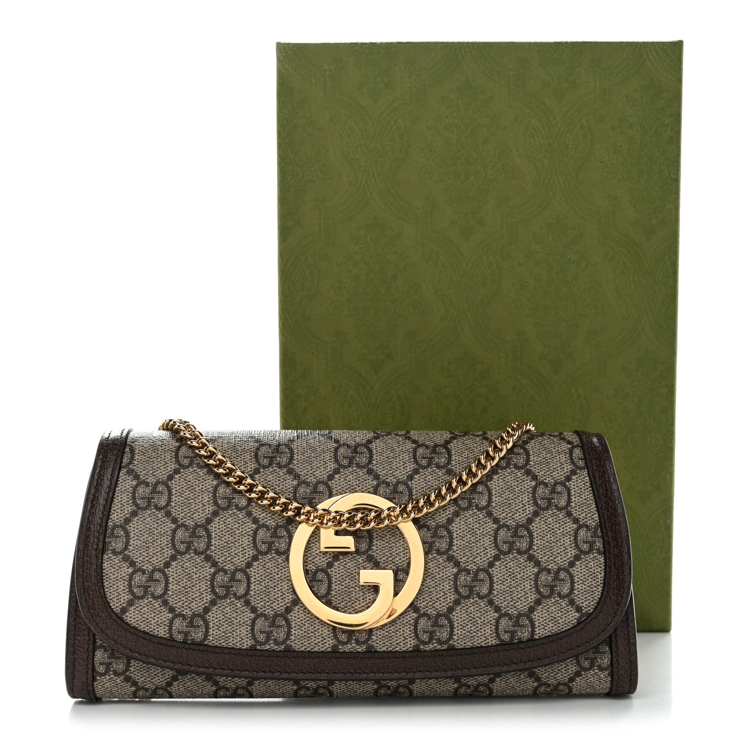 Gucci GG Supreme Monogram Textured Dollar Calfskin Blondie Continental Chain Wallet Beige Ebony New Acero