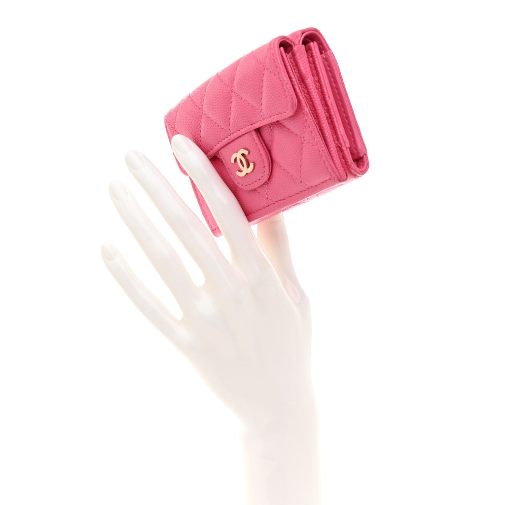 Caviar Quilted Tri-Fold Flap Wallet Pink
