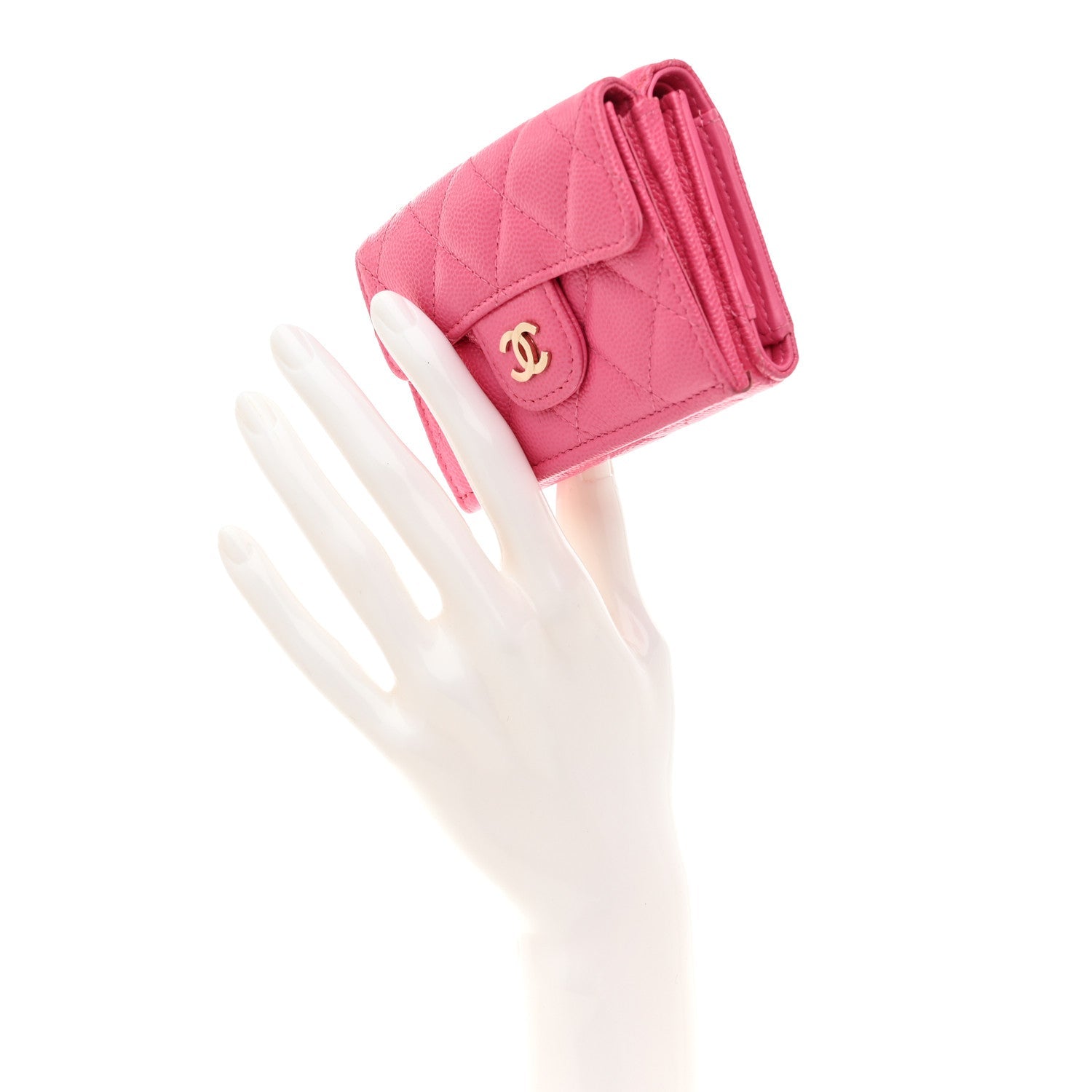 Caviar Quilted Tri-Fold Flap Wallet Pink