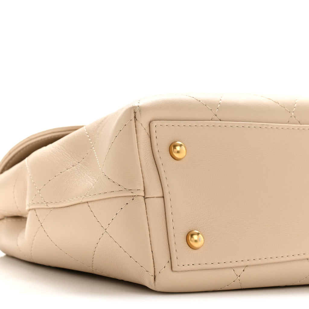 Chanel Calfskin Stitched Flap Top Handle Beige