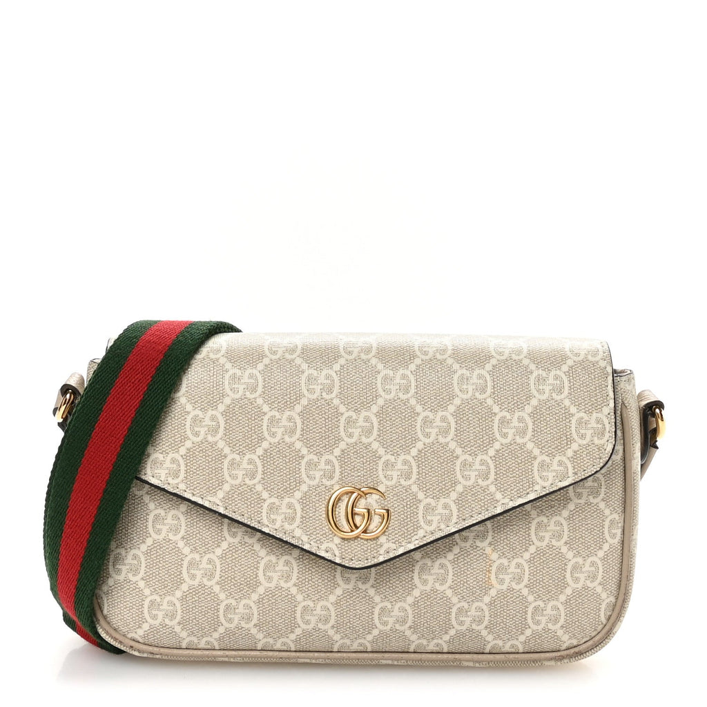 Gucci GG Supreme Monogram Textured Dollar Calfskin Web Mini Ophidia Envelope Shoulder Bag Beige Mystic White Oatmeal