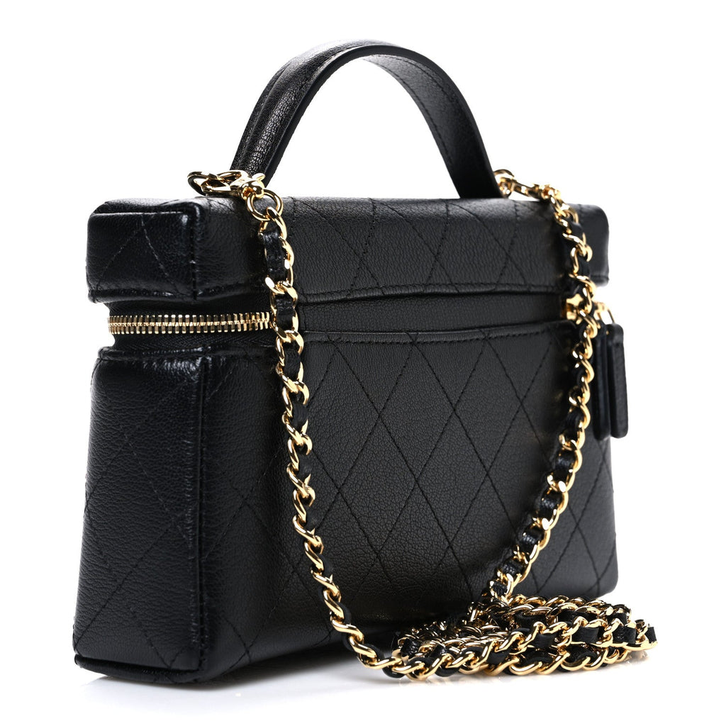 Chanel Goatskin Stitched Top Handle Slim Vanity With Chain Black