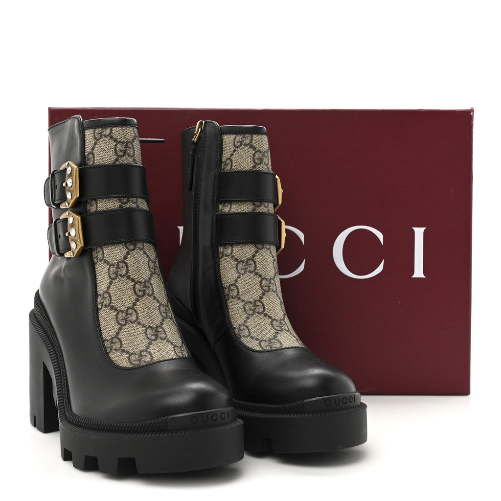 Gucci Kensington Calfskin Nappa GG Supreme Monogram Womens Double Buckle Ankle Boots 35 Black