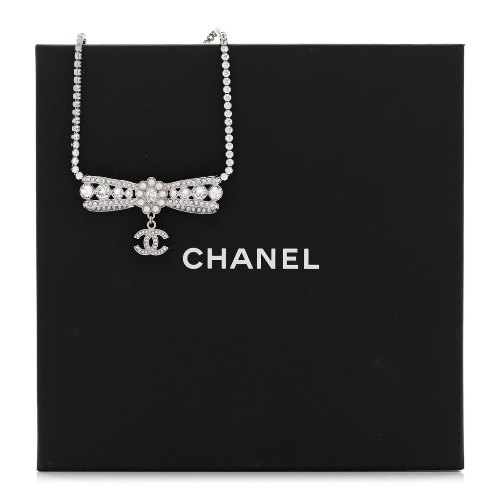 Crystal Pearl CC Bow Drop Necklace Silver
