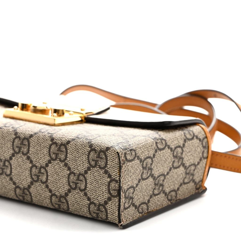 Gucci GG Supreme Monogram New Sakai Calfskin Mini Padlock Top Handle Shoulder Bag Beige Ebony Mystic White Sun Oil