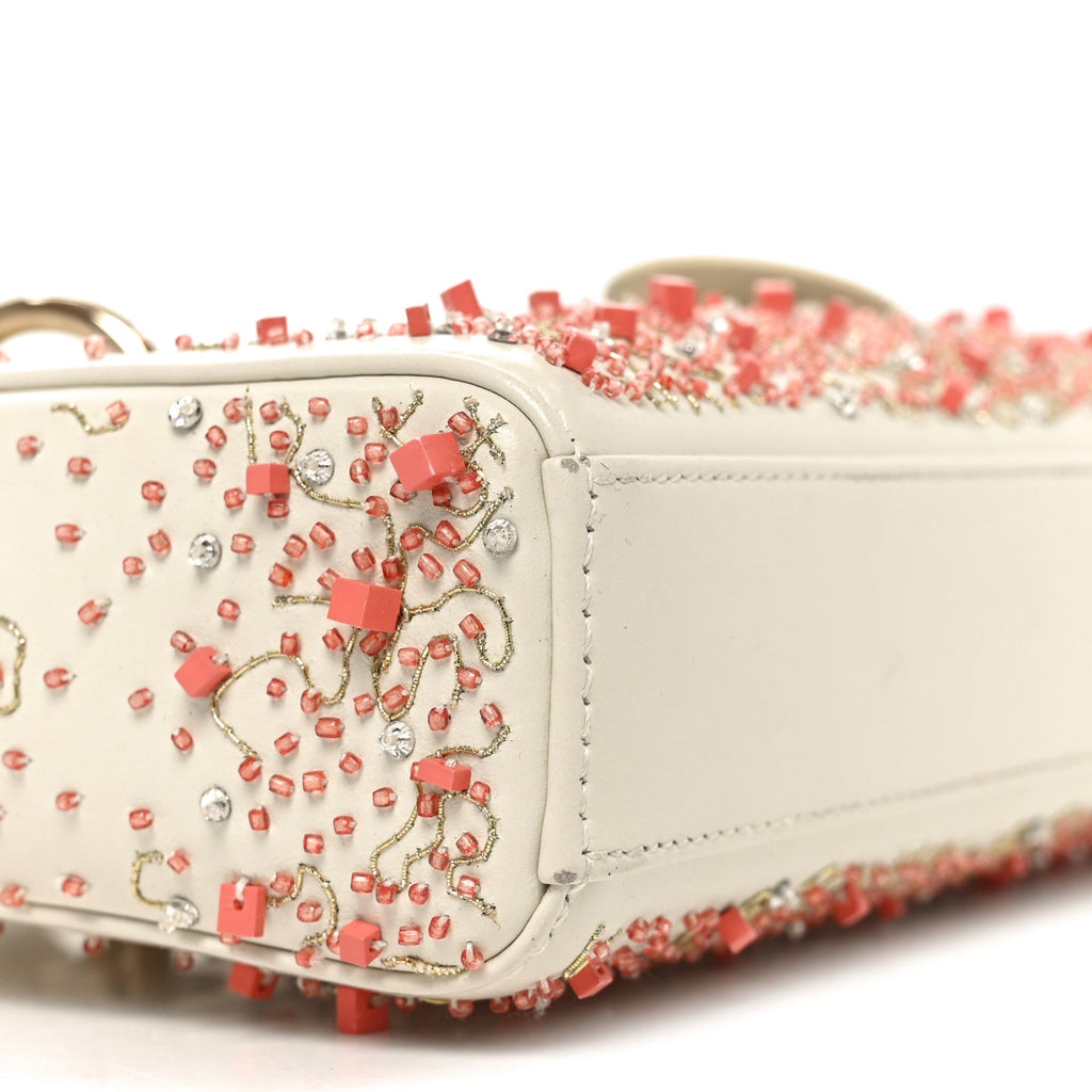 Christian Dior Calfskin Embroidered Small Lady D-Joy White Multicolor
