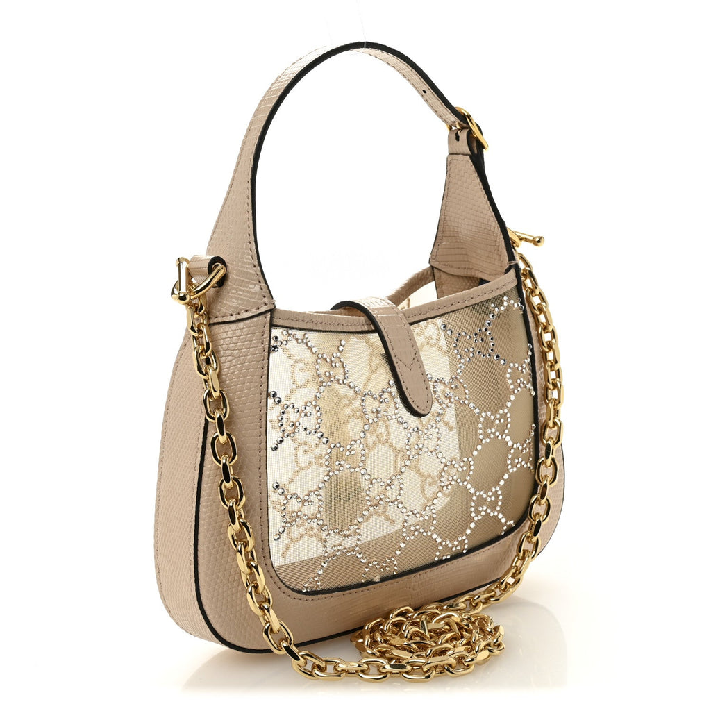 Gucci Lizard Mesh Crystal GG Monogram Mini Jackie 1961 Hobo Light Powder Skin Rose