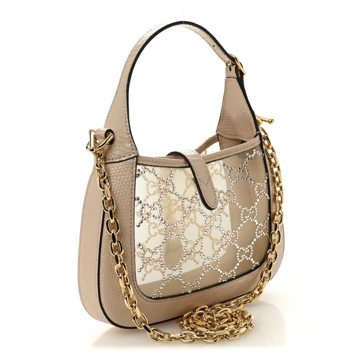 Gucci Lizard Mesh Crystal GG Monogram Mini Jackie 1961 Hobo Light Powder Skin Rose